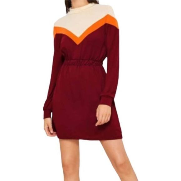 𝅺Bershka 70s Retro‎ Vintage Cheerleader Chevron Maroon Sweatshirt Mini Dress XS - Picture 1 of 10